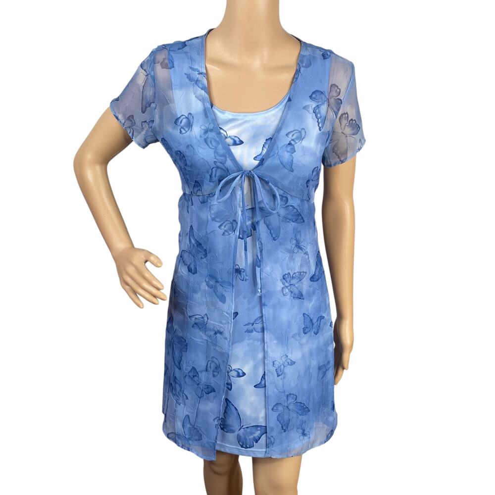 Vintage Y2K Younique Blue Butterfly Dress Duster Set M 90s Babydoll Dollcore 10